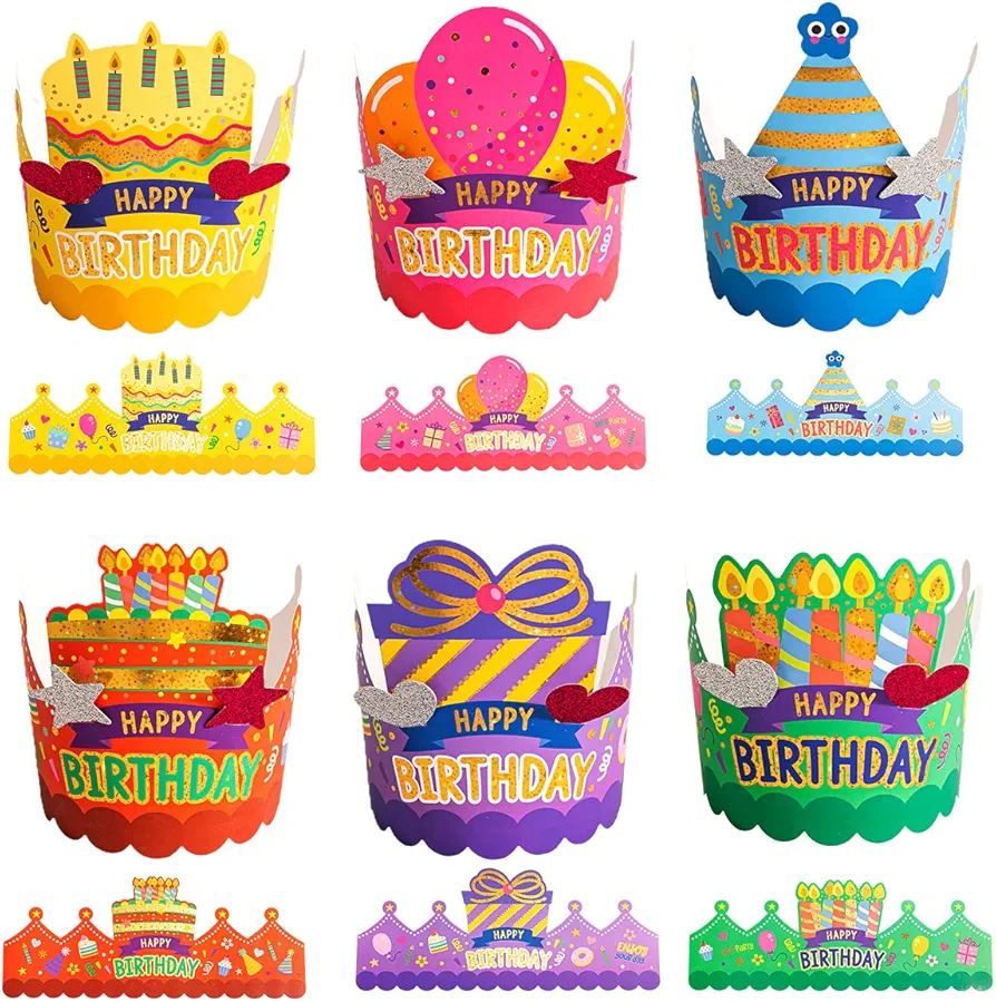 24 Pc Happy Birthday Crowns for Kids Classroom, Party Hats for Kids Students Birthday, Colorful Foil Stamping Paper Birthday Crowns Set with Accessories, Preschool Classroom Supplies