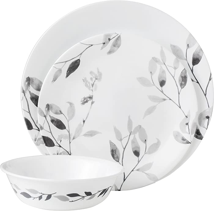 Corelle 12-Piece Vitrelle Misty Leaves Chip and Break Resistant Dinner Set, Grey