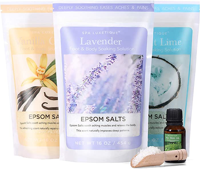 Spa Luxetique Epsom Salt, Epsom Bath Salt Soaking, Bath Salts Gift Set with Wooden Scoop, Tea Tree Oil Foot Soak, Bath Salts Spa Set for Women Relaxing for Mother's Day Gifts