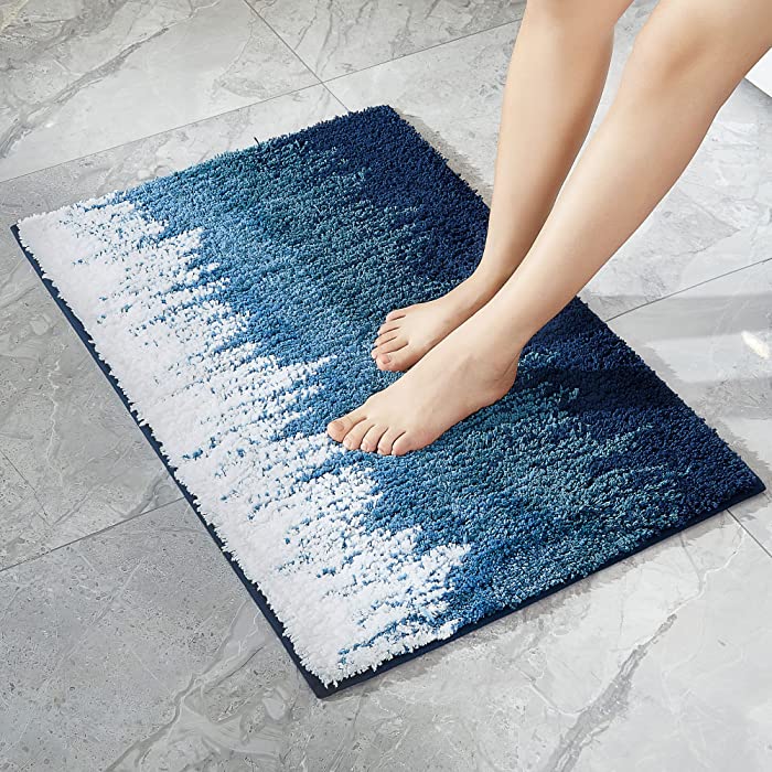 Non Slip Absorbent Bathroom Rug Mat, Fluffy Bath Mats, Machine Washable and Water Absorbent Shower Carpet for Pets and Seniors, Blue-White 17"x 24"