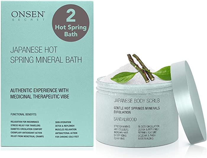 Onsen Secret Japanese Hot Spring Bath Minerals & Exfoliating Body Scrub. A Perfect Way to Hydrate & Soothe Your Body Soak in Green Bamboo Extract, Pagoda Tree Flower Enzymes, Unwind, Relaxation