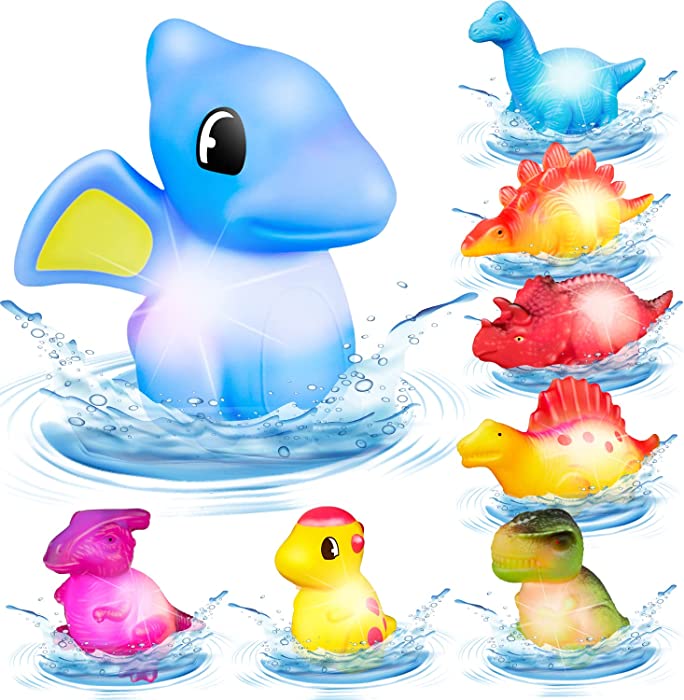 Hhobby Stars 8 Pcs Light Up Bath Toys, Baby Bathtub Toys for 1 2 3 4 5 Year Old Boy Girls Gifts, Rubber Duck Dinosaur Shark for Toddlers 1-3, Floating Flashing Color Changing Light Sensory Pool Toys