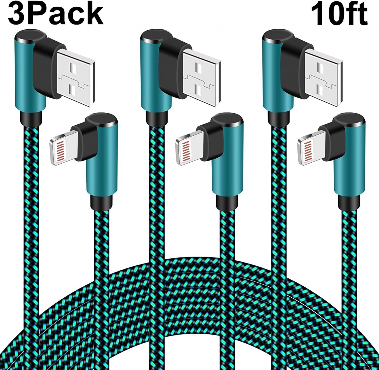 iPhone Charger 10 ft,Lightning Cable 3 Pack Right Angle iPhone Charger Cable 10 Foot Extra Long Cord for iPhone 11 Pro X/XS Max/XR/8 Plus/7 Plus/6/6s Plus/5s /5c/iPad Mini Air(Green Black,10feet)