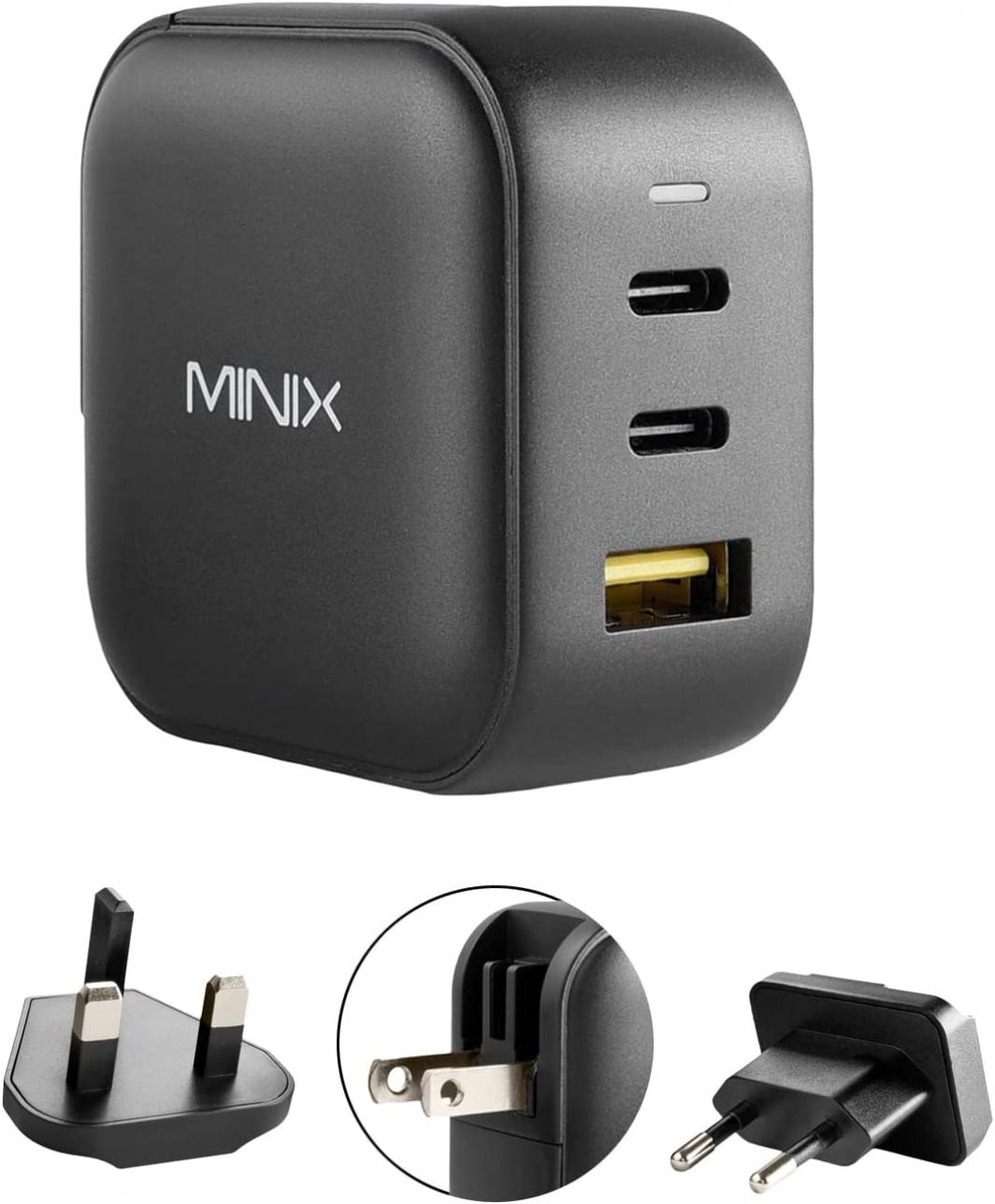 MINIX 66W Turbo 3-Port GaN Wall Charger 2 x USB-C Fast Charging Adapter, 1 x USB-A Quick Charge 3.0, Compatible with MacBook Pro Air, iPad Pro, iPhone 12/12 mini/11, Galaxy S9 S8 and More (NEO P1)