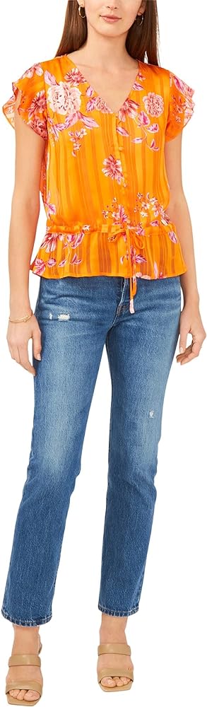 Vince Camuto Short Sleeve Rio Gardens Button-Down Peplum Blouse Sunset Orange XS