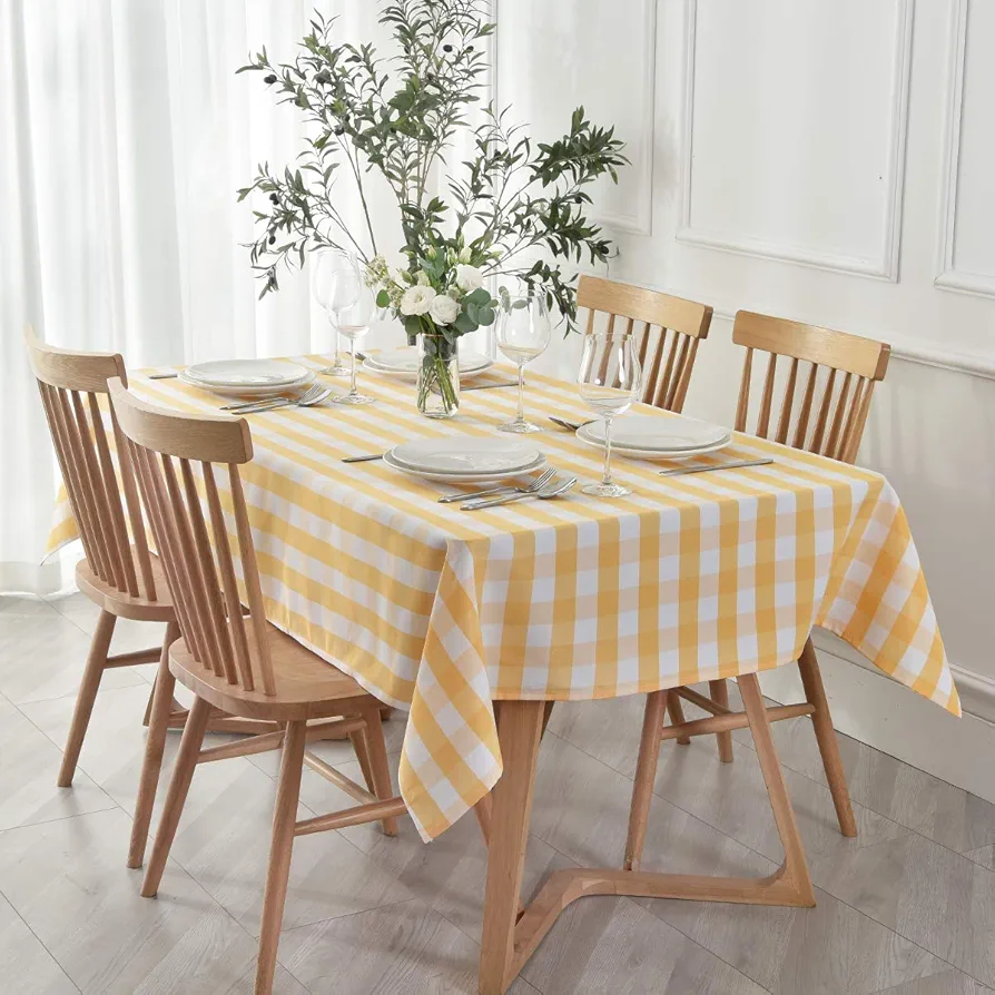 maxmill Checkered Tablecloth Stain Resistant Wrinkle Resistant Spillproof Washable Heavy Weight Table Cloth Gingham for Dining Room and Outdoor Use, Rectangle 60 x 140 Inch Yellow and White