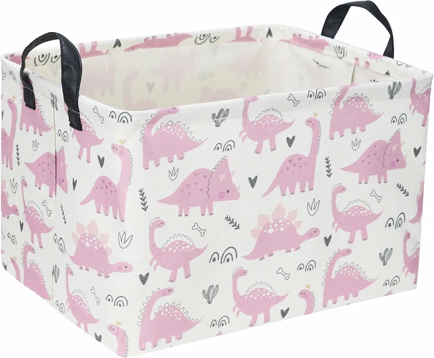 Rectangular Pink Easter Basket,Dinosaur Easter Basket,Dinosaur Storage Bins Organizer with Handles for Girls Room Decor, Easter baskets for kids,Kids Basket,Shelf Basket.(Pink dinosaur).