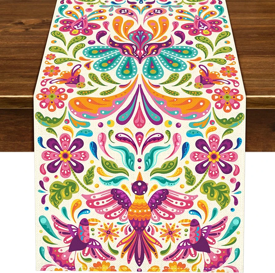 Nepnuser Mexican Otomi Table Runner Mexico Cinco De Mayo Fiesta Party Decoration Dia De Los Muertos Home Kitchen Dining Room Decor (13" x 72")