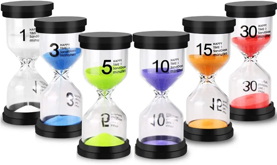 EMDMAK Sand Timer Colorful Hourglass Sandglass Timer 1 min/3 mins/5 mins/10 mins/15 mins/30 mins Sand Clock Timer for Games Classroom Home Office(Pack of 6)