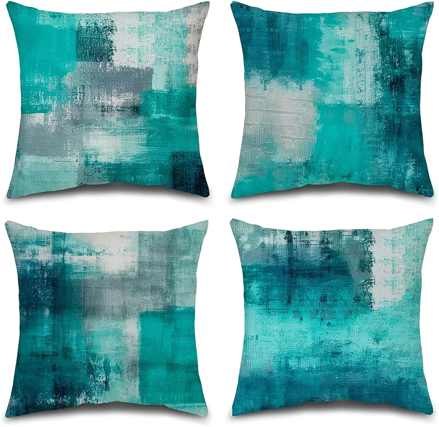 Balaena Teal and Gray Throw Pillow Covers Set of 4 18 x 18 Inches,Turquoise Modern Abstract Art Artwork Decorative Pillow Cushion Covers for Couch Bedroom Living Room