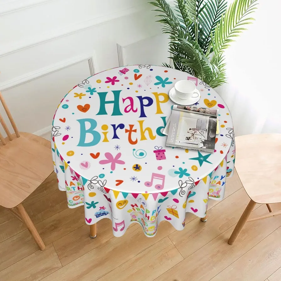 Happy Birthday Round Tablecloth 60 Inch Birthday Table Cover Colorful Cake and Balloons Birthday Tablecloths Resistant Circle Table Cover for Birthday Party Kitchen Dining Room Outdoor Décor