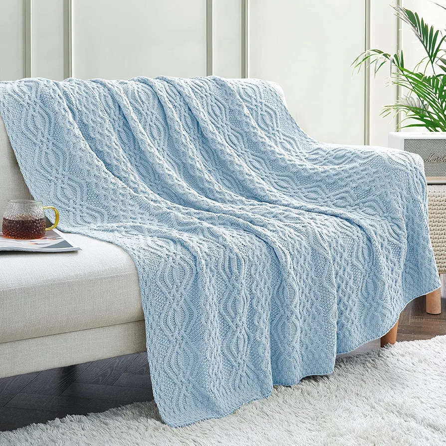 Light Blue Cable Knit Throw Blanket, Soft & Warm Oversized Knitted Blanket for Couch Bed Sofa Living Room, 60 x 80 inch