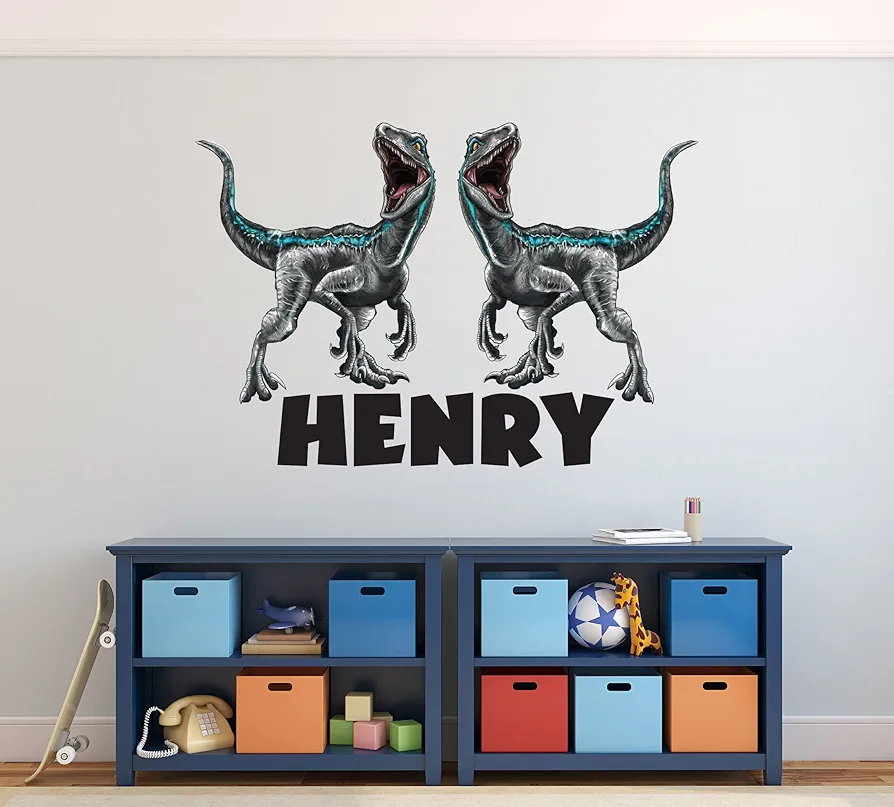 Dinosaur Wall Decals - Boys Custom Name Wall Decals - Kids Bedroom Room Dinosaur Wall Decor - Velociraptor Wall Art Sticker