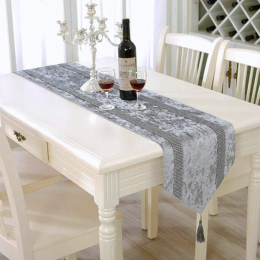 European Style Dining Table Runners 84 Inches Luxury Classy Dining Table Runner with Tassels for Home Hotel Dresser Coffee Table Kitchen Banquet Wedding Party Decoration Gray