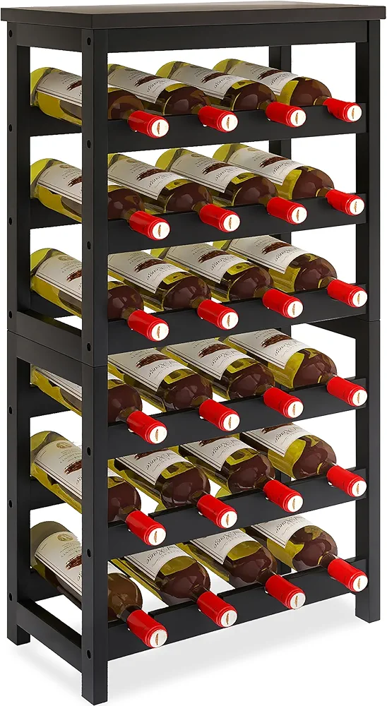 STELLSTAR 24 Bottle Wine Rack Freestanding Floor, 6 Tier Wine Display Storage Shelves with Tabletop, Bamboo Wine Bottle Holder Stand with Wave Bars for Kitchen Dining Room Pantry, Black