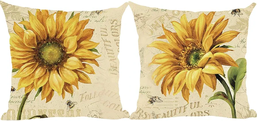 Ramirar Set of 2 Oil Painting Watercolor Orange Sunflowers Honeybee Bees Summer Decorative Throw Pillow Cover Case Home Living Room Bed Sofa Car Cotton Linen Square 18 x 18 Inches