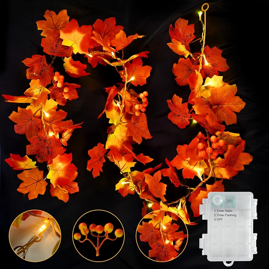 suddus Fall Decorations for Home, 6.56ft Fall Garland with 20 Led Lights, Fairy String Lights Battery Operated for Fall Decor, Halloween, Thanksgiving, Porch, Office, Table, Wall, Room Decoration