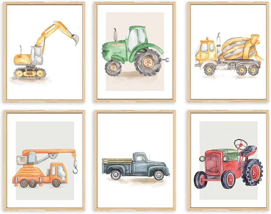 ORGDSK Watercolor Construction Trucks Wall Art Print,Vibrant Truck and Tractor Wall Art Set Transportation Posters for Boys Kids Room Decor