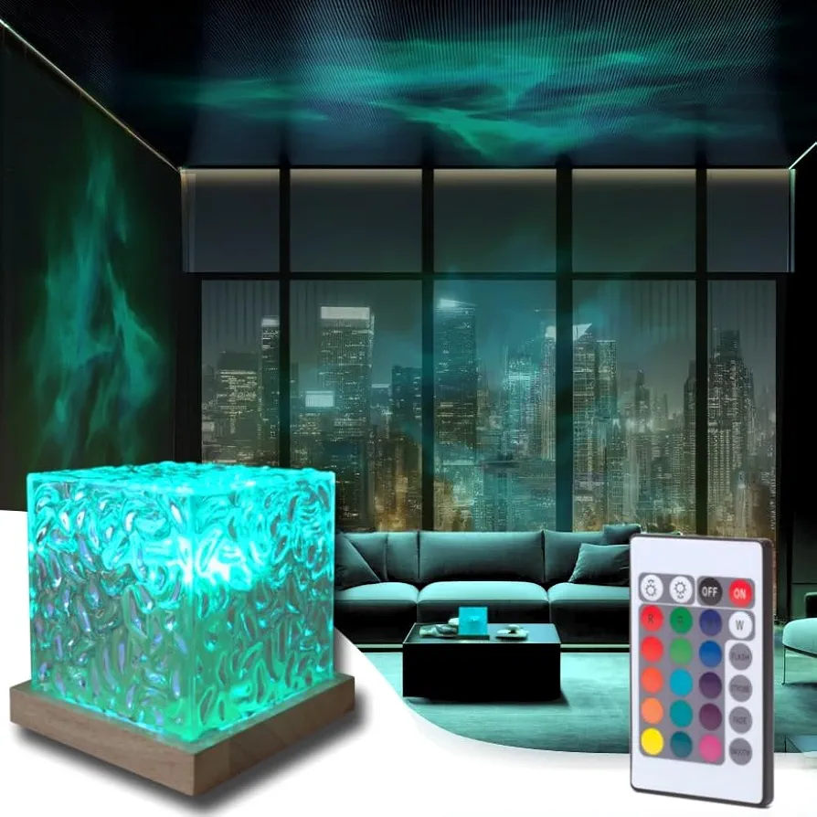 Ocean Wave Northern Lights Ripple Projector, Dimmable 16 Colors Ocean Wave Night Light with Remote, Multi-Mode Slow Moving Ripple Effect, Underwater Aurora Lamp for Bedroom, Living Room, Party, Decor