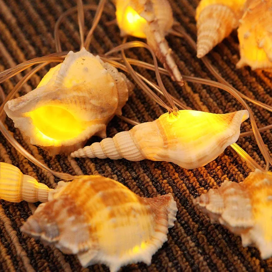 Ocean Real Conch 10 LED String Lights 9.0Ft Waterproof Battery Operated Warm White with Timer Control for Beach Themed Indoor Covered Outdoor Birthday Wedding Parties