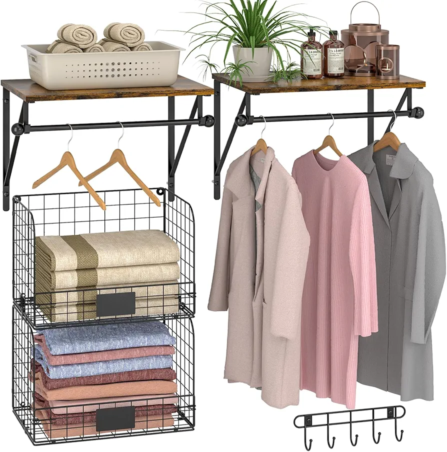 Laundry Room Shelves Wall Mounted with Wire Baskets, Over the Washer and Dryer Shelf with Clothes Drying Rack, Wire Shelves Baskets for Laundry Closet Organization and Storage, Wood+Metal, Black