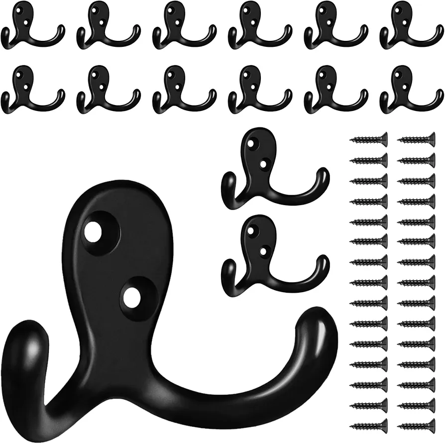 15-Pack Coat Hooks Wall Hooks for Hanging, Heavy Duty Double Prong Metal Hook Wall Mounted for Living Room, Bathroom, Kitchen, Bedroom for Coat, Bag, Scarf, Towel, Hat, Key, Cup (Black)