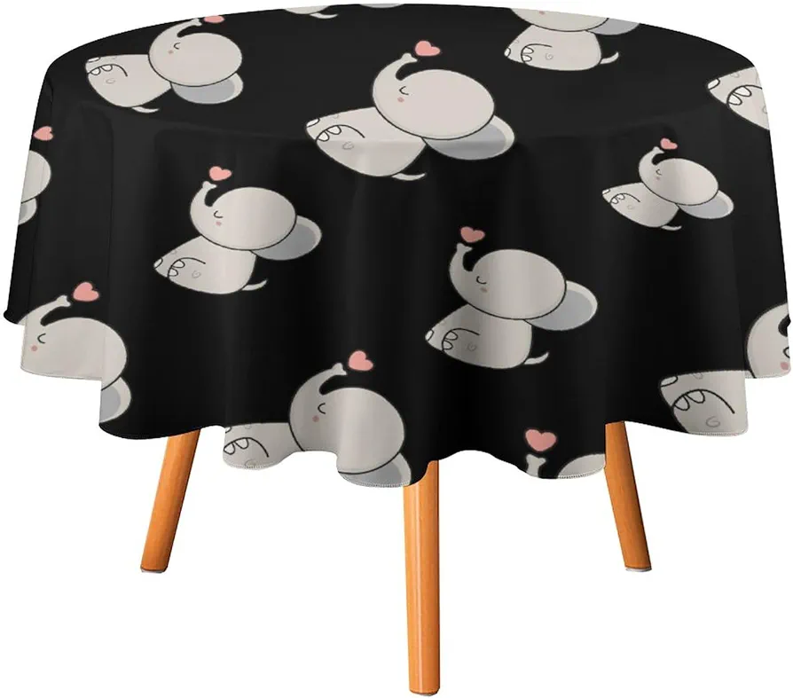 Kawaii Cute Elephant Round Tablecloth Washable Table Cloth Polyester Table Cover for Dining Room Party Picnic 50x50in