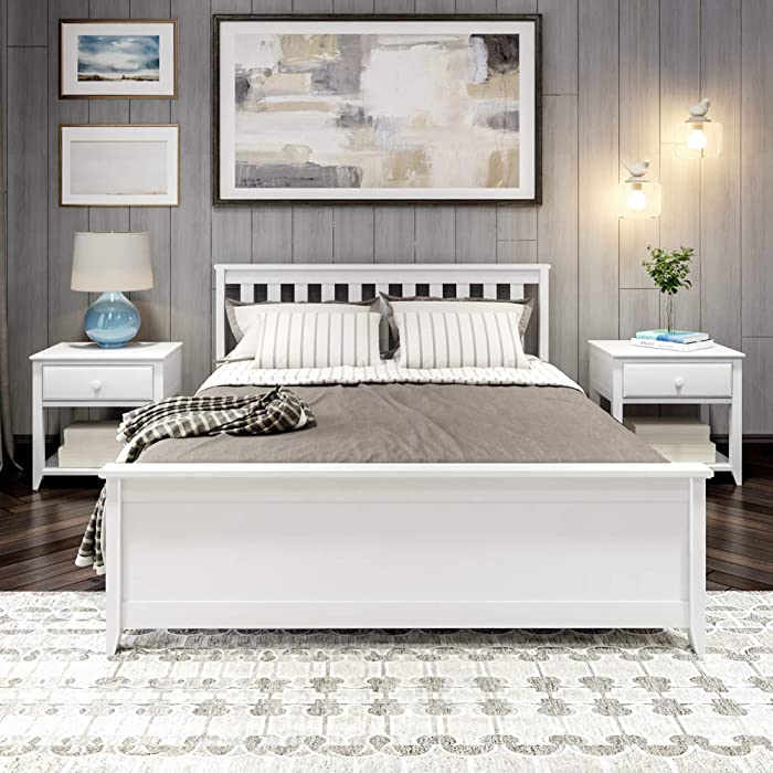 Plank+Beam Solid Wood Queen Bed Frame, Platform Bed with Headboard, White