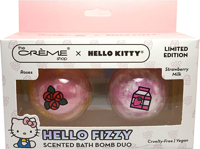 The Creme Shop x 1 Hello Kitty Fizzy Roses Strawberry Scented Bath Bomb Duo Limited Edition HKFS7138 + Free Zipper Bag