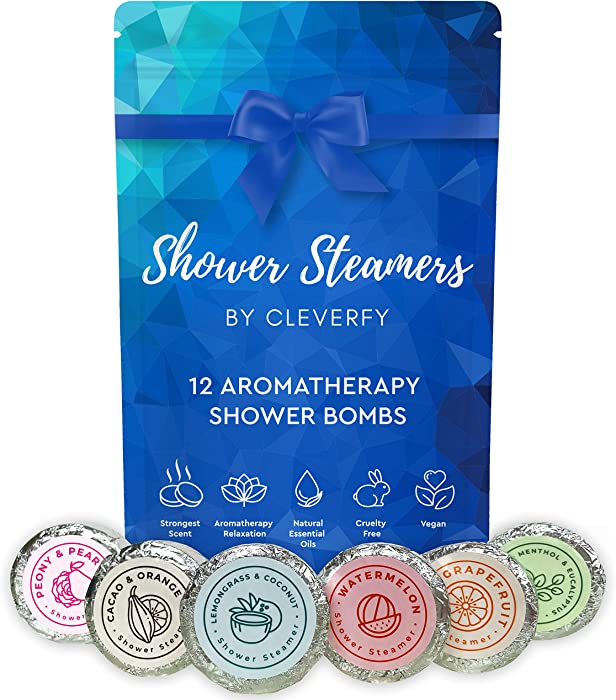 Cleverfy Shower Steamers Aromatherapy - Pack of 12 Shower Bombs with Essential Oils. Blue Multipack: Watermelon, Grapefruit, Menthol & Eucalyptus, Peony & Pear, Cocoa & Orange, Lemongrass & Coconut