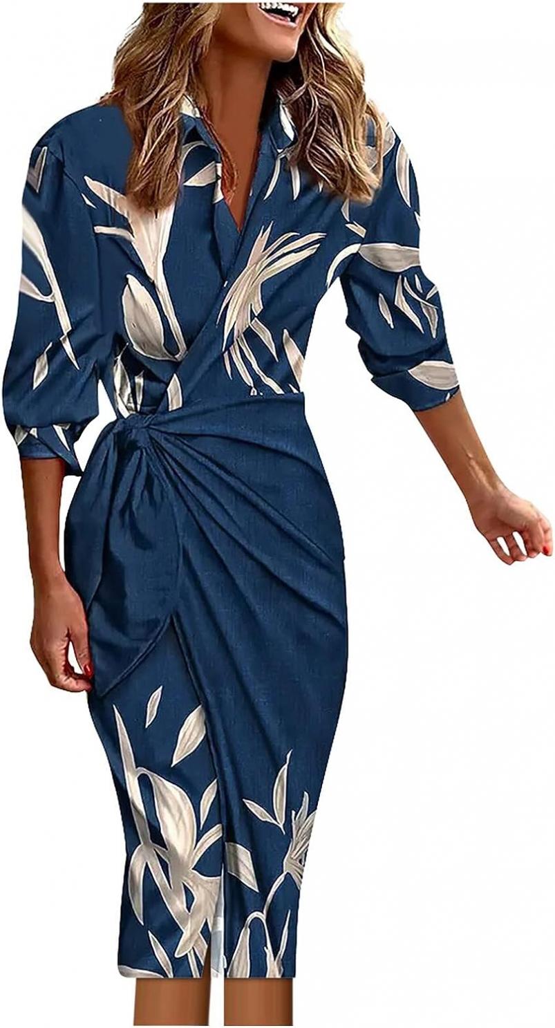 Women's Dress for Graduation Tie One Piece Mid-Length Dress Fall Shirt Lace Up Piece Midi Dress Summer Beach