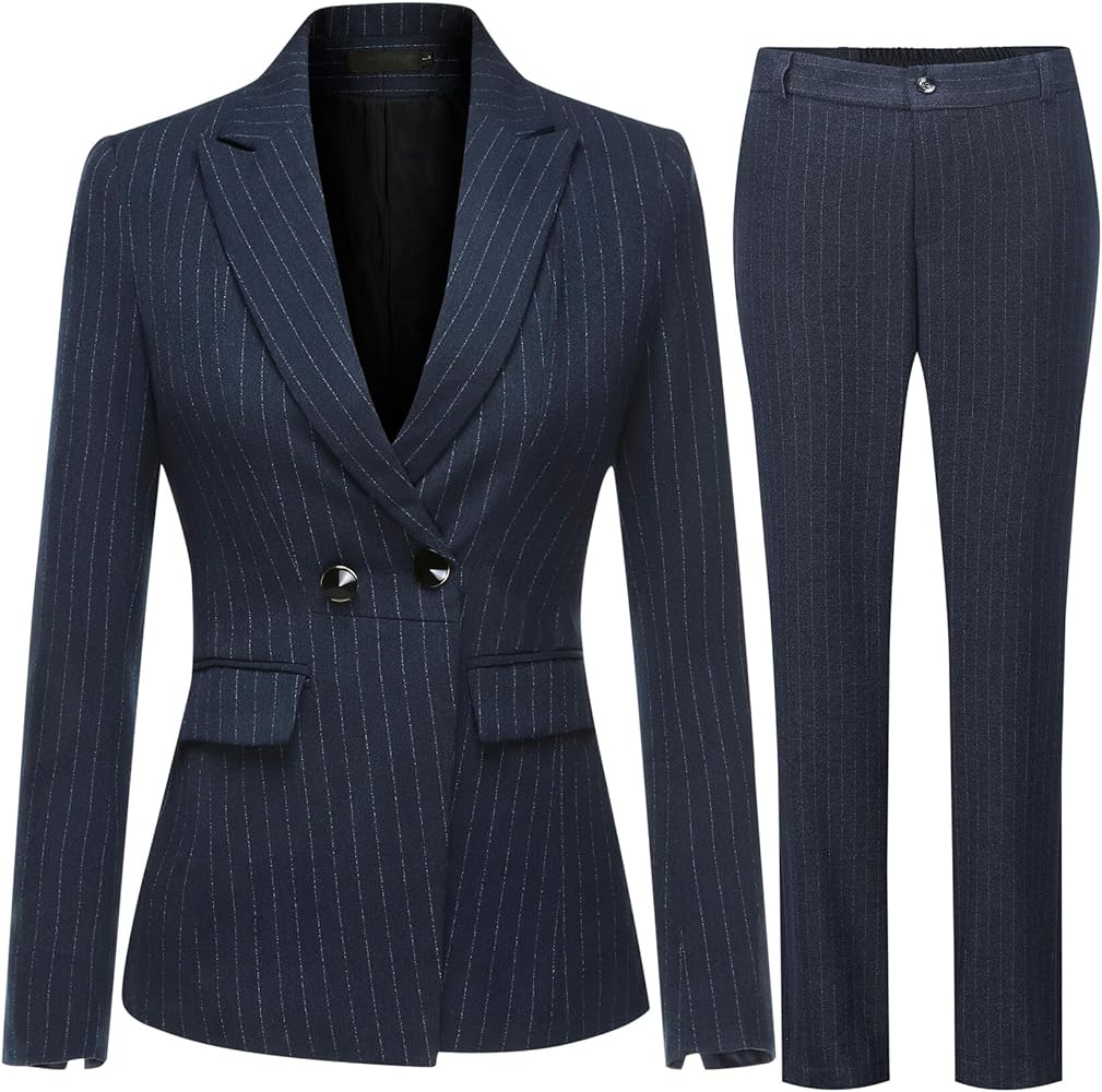 YUNCLOS Women's 2 Piece Office Lady Stripes Business Suit Set Slim Fit Blazer Jacket Pant