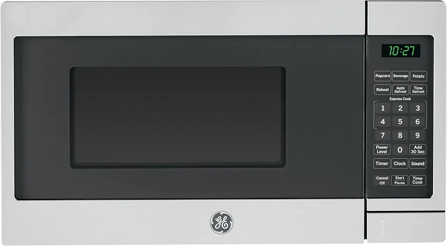 GE Countertop Microwave Oven, Compact 0.7 Cubic Ft., 700-watt Capacity, 6 Auto Cooking Settings, Kitchen Essentials for the Countertop, Dorm Room or Apartment, Stainless Steel