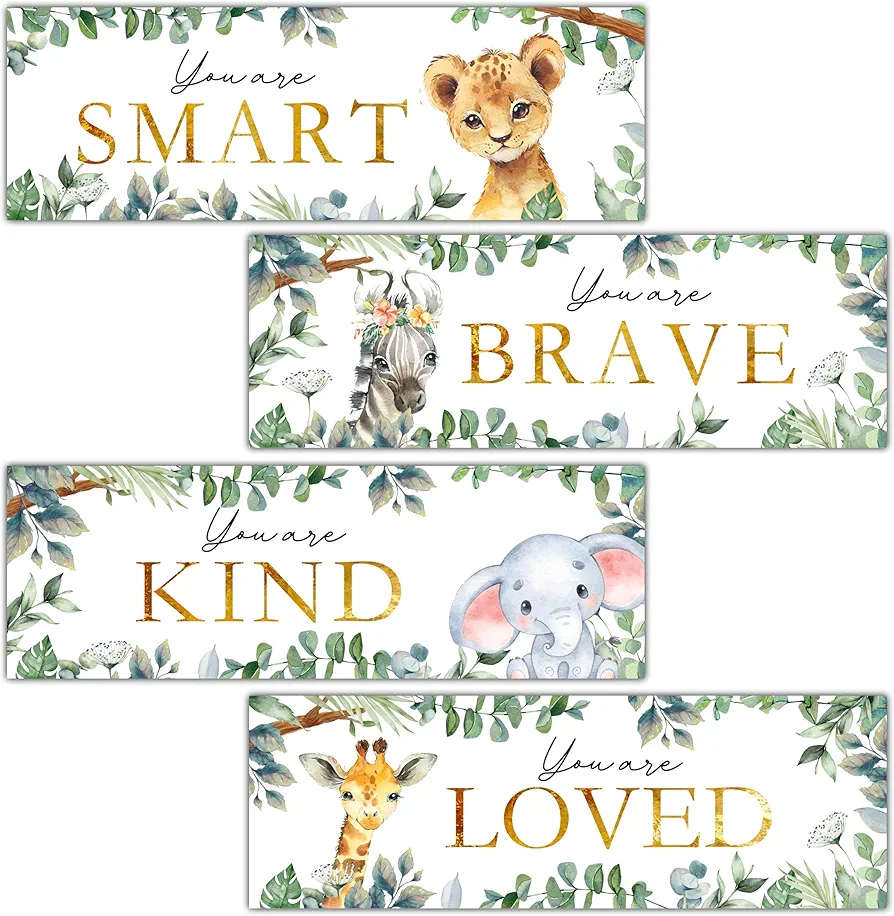 4 Pieces Kids Room Wall Decor Wooden Sign, 11.8" x 3.9" Jungle Animals Motivational Wall Art For Kids Room Nursery Playroom Classroom, You Are Loved/Brave/Kind/Smart-A06