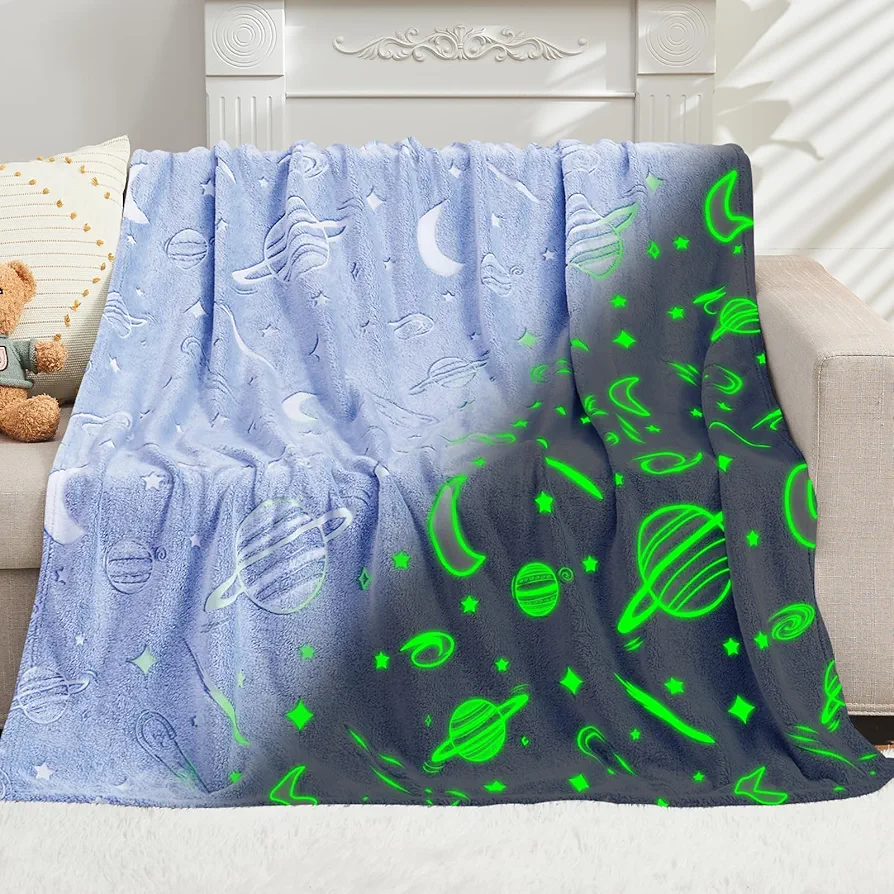 inhand Glow in The Dark Stars Blanket for Girls Boys Cute Kids Throw Blanket Funny Space Moon Galaxy Blanket Gaming Room Decor Teen Toys Gifts Ideas Stuff for 8-12 Years Old (50''x60'' Blue)