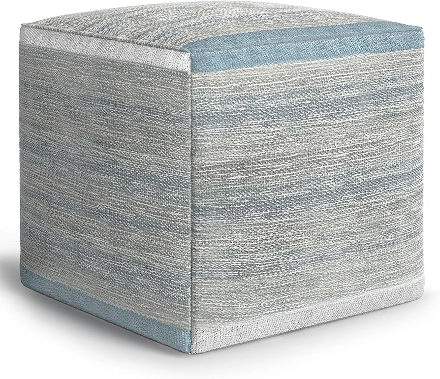 SIMPLIHOME Naya 16 Inch Boho Cube Pouf in Blue Melange Cotton, For the Living Room, Bedroom and Kids Room