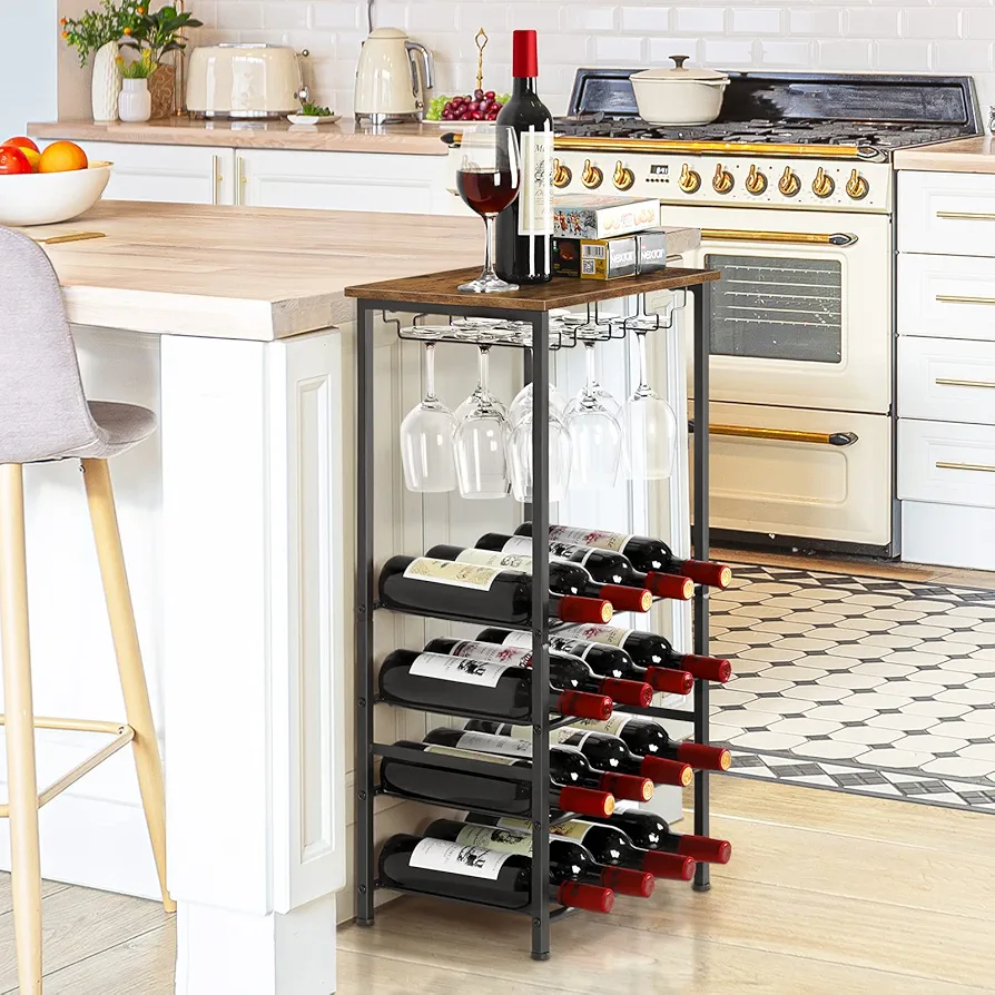 Wine Rack Freestanding Floor, Rustic Wine Holder Stand with Wine Storage and Bottle Shelf, 16 Bottles Floor Wine Rack Shelf for Kitchen Dining Room, Office, Bar, Rustic Brown