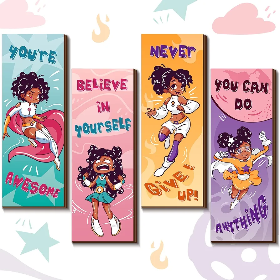 Set of 4 Black Girl Wall Art Decor Motivational Girl Room Wall Art Inspirational Teen Girl Bedroom Decor Wooden Toddler Girl Room Decor Rustic Hanging Toddler Wall Decor for Kids Nursery Signs