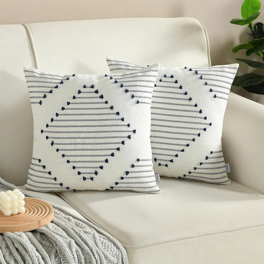 Boho Throw Pillow Covers 18x18 Set of 2 Farmhouse Decorative Accent Woven Pillow Covers for Couch Bed Living Room Home Decor, Navy Blue and Cream White