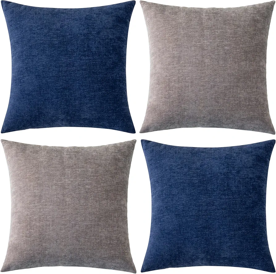 Pack of 2 Couch Throw Pillow Covers 18x18 Inch Soft Square Chenille Pillow Cover for Sofa Living Room Bedroom Car Solid Dyed Pillow Cases (Only Pillowcases) 45x45cm,Navy Blue, Taupe Grey