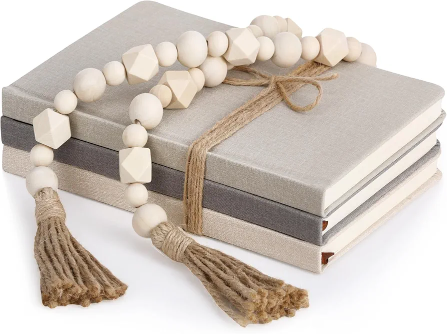 3 Pieces Linen Covered Decorative Books Set for Home Coffee Table Decor 8.5 x 5.7 Inches Faux Books with Wood Bead Garland Rustic Farmhouse Stacked Books Decor for Shelves Living Room Mantle