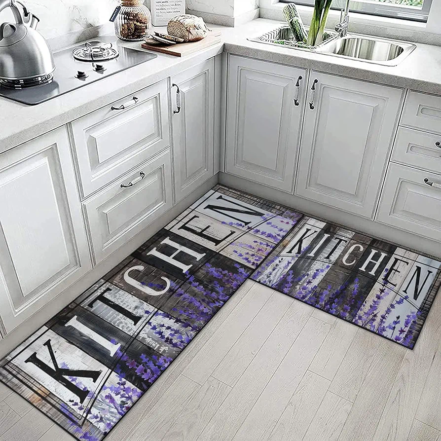 Lavender Wooden Board Kitchen Rugs Mat Sets of 2 Washable Non-Slip Purple Flower Kitchen Floor Mats for in Front of Sink Kitchen Decor for Dining Room, Floor Home, Office, Sink, Laundry