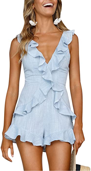 Simplee Women's Summer Beach Ruffle V Neck Sleeveless Backless Jumpsuit Romper