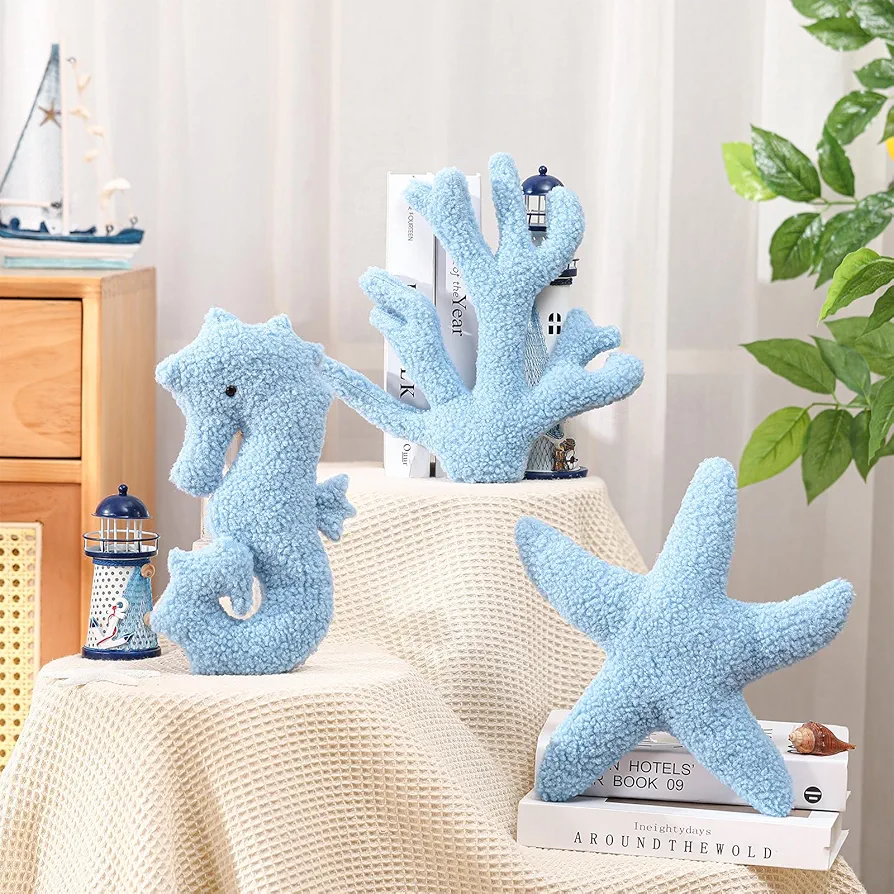 3 Pcs Blue Starfish Coral Sea Horse Pillows 11.8 Inch Ocean Themed Decorative Throw Pillows for Sofa Bed Couch Stuffed Beach Marine Organism Shaped Pillow Cute Coastal Decor Cushion for Bedroom