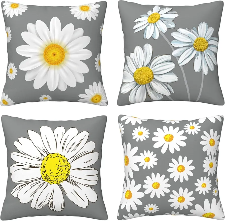 Daisy Floral Throw Pillow Covers Set of 4, Modern Decorative Cushion Covers 18x18 Inch for Decorative Farmhouse Living Room Sofa Bed Home Car Garden Gifts