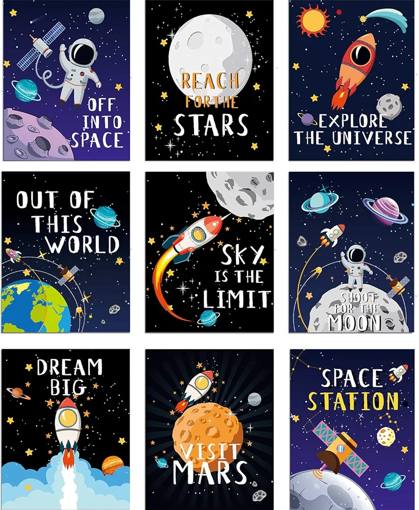 Blulu 9 Pieces Outer Space Decor for Kids Room Boy Bedroom Space Posters 8 x 10 Inch Cute Inspirational Art Decoration for Boys and Girls Playroom Space Nursery Decor