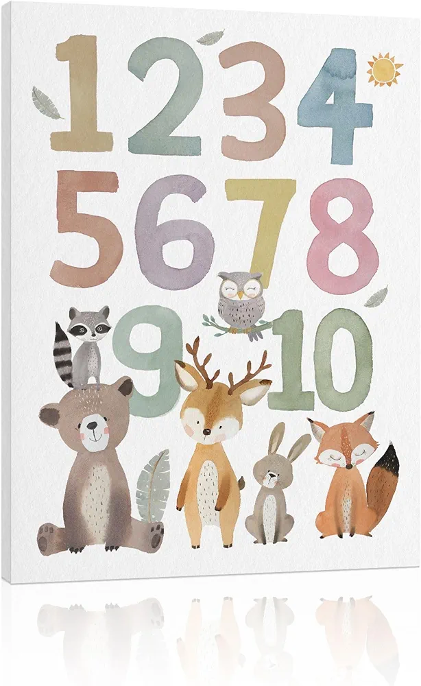 Numbers Wall Art Nursery Decor: Safari Animal Print Picture for Toddler, Numbers Wall Decor for Kids Playroom, Cute Framed Poster for Baby Room Decor 12" x 16"