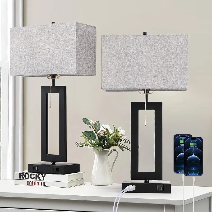 Set of 2 Industrial Table Lamps with 2 USB Ports&AC Outlet, 22.5” Modern Black Bedroom Nightstand Lamps, Gray Bedside End Table Lamps for Living Room Office Hotel, Fabric Lampshade&Pull Chain