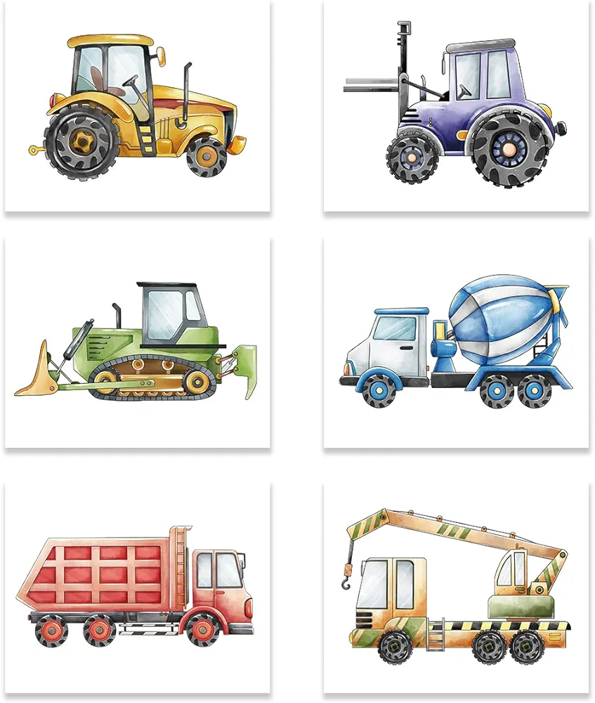 YIMEHDAN Watercolor Truck Wall Art Print- Engineering Vehicle Tractor Crane Playroom Boy Bedroom Decor-Colorful Cartoon Construction Car Canvas Print (Set of 6)-Unframed-8X10 inch