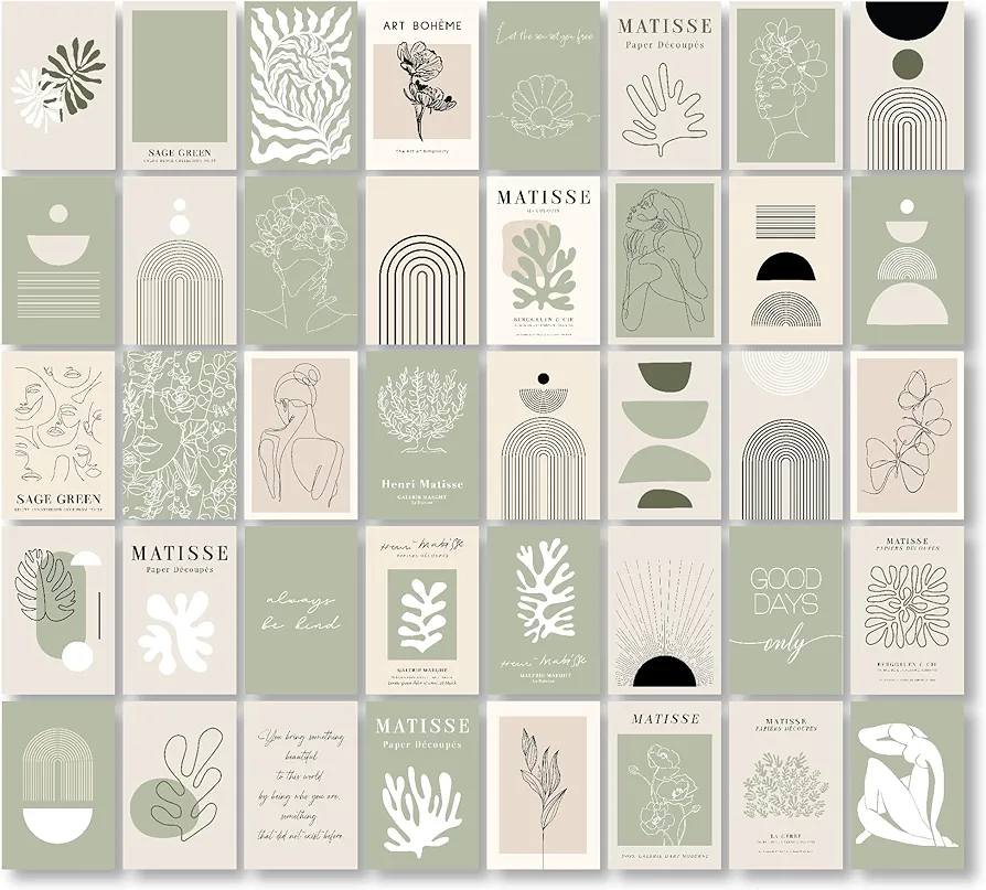 97 Decor Sage Green Wall Collage Kit - 40 Pcs Neutral Matisse Wall Art Prints, Sage Green Wall Decor, Minimalist Boho Pictures Beige Green Dorm Room Decor for Teen Girls Bedroom (4"x6")